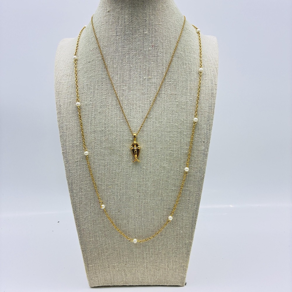 Avon Gold Tone Ichthys Fish Cross Rhinestone Pendant and Faux Pearl Layering Lot